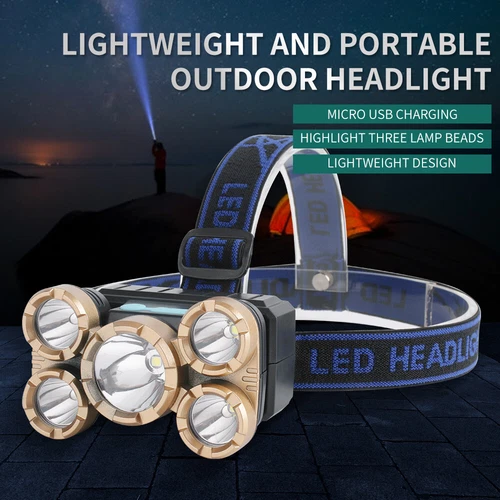 Superhelle 5 LED Gold Stirnlampe USB Wiederaufladbar Wasserdicht Stirnlampe Taschenlampe - Bild 3 von 8