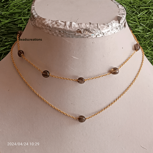 AAA Duble Strand Smokey Quartz Oval Beads 14k Gold Fill Chain Necklace Gifed - Picture 2 of 5