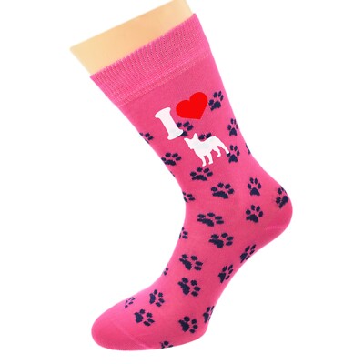 I Love Französische Bulldoggen Frenchies Hundepfoten-Design gewebt Hot Pink Damensocken