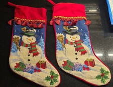 Christmas Holiday Pair Needlepoint Stockings Snowman Presents Tassels Gold Trim