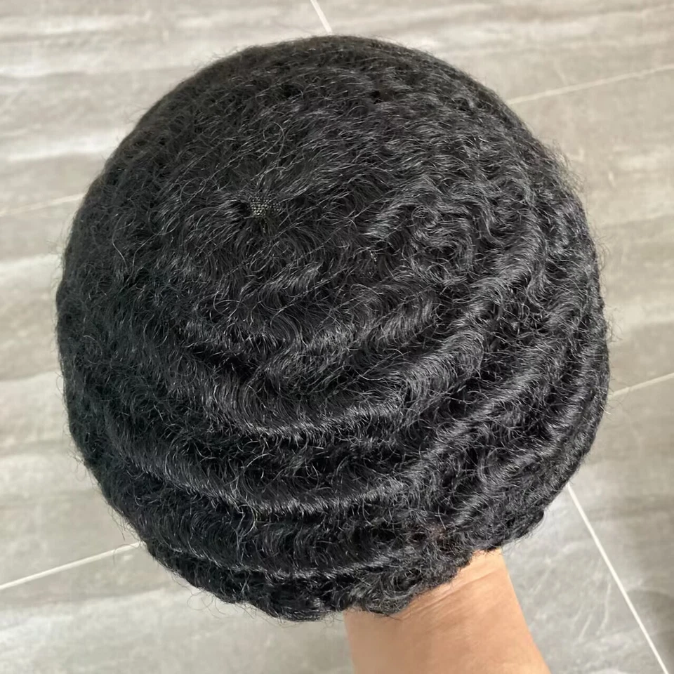 Austrailian Lace&PU Base Black Men Toupee 10mm 360 Wave Curly Human Hair Wigs - Image 4 of 4