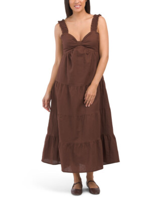 chocolate brown holiday dress Chocolate Brown Fit Flare Ruffle Evening Midi Dress With Belt