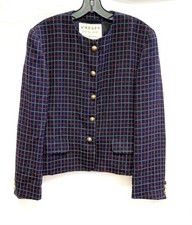 Jaeger Navy Blue Red White Plaid Check Print Gold Button Blazer Jacket 12 Us Euc