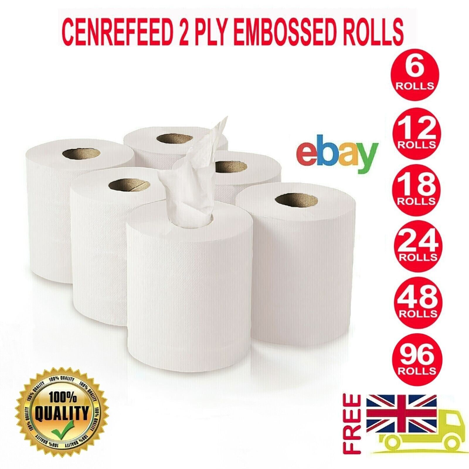 Centrefeed White Rolls 2ply Embossed Kitchen Hand Wipes Paper Towel Tissue