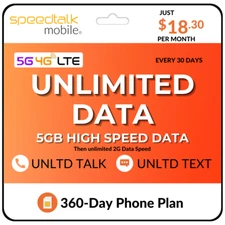 SpeedTalk Unlimited Data SIM Card Prepaid Smart Phone Plan Talk Text $18.30/Mo.