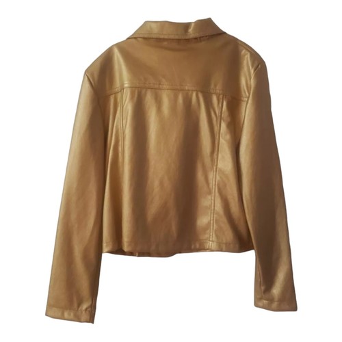 Obsess Girls Moto Jacket Gold Faux Leather Pockets Lined Size Medium 10/12 - Picture 11 of 12