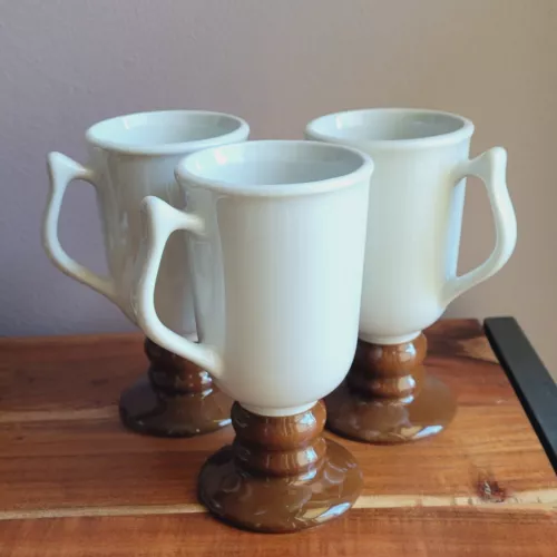 Vintage Set of 3 HALL #1272 Footed Glazed Porcelain Mugs Chestnut and White USA