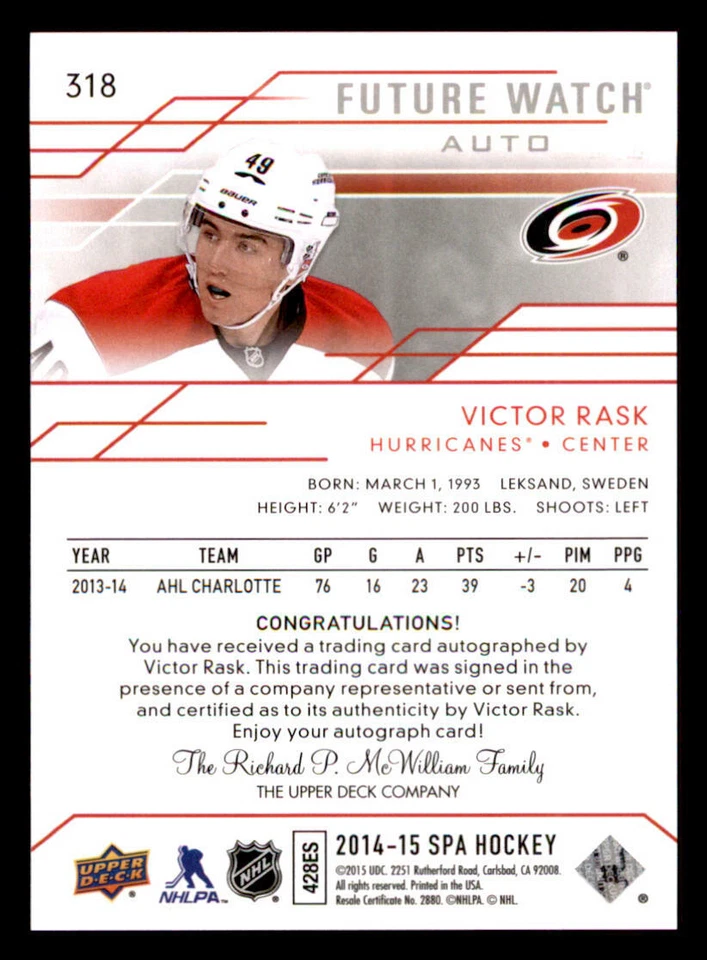 2014-15 SP Authentic #318 Victor Rask AU RC /999 - Image 2 of 2
