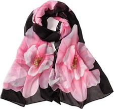 E-Clover Women Soft Floral Print Shawl Chiffon Sheer Scarf 01-pink