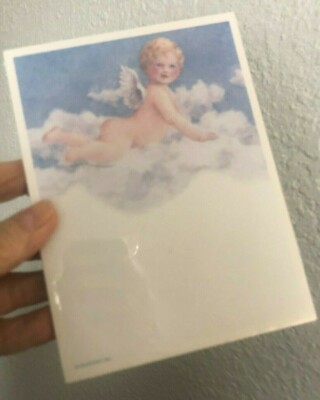 Vtg New BABY CHERUB ANGEL IN CLOUDS NOTE PAD 4.5 X 6 H Notepad Blue White
