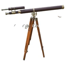 Nautical Brass 39" Antique Leather Telescope Antique Wooden Tripod Stand Decor