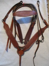 new basket stamped Leather Horse Tack Set Bridle/Breast Collar, split reins full