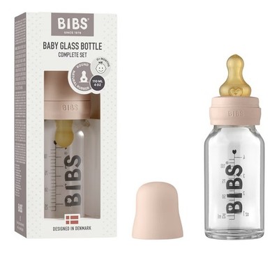 BIBS Baby Glass Bottle Complete Set 110 ml BPA Free Natural Rubber Blush