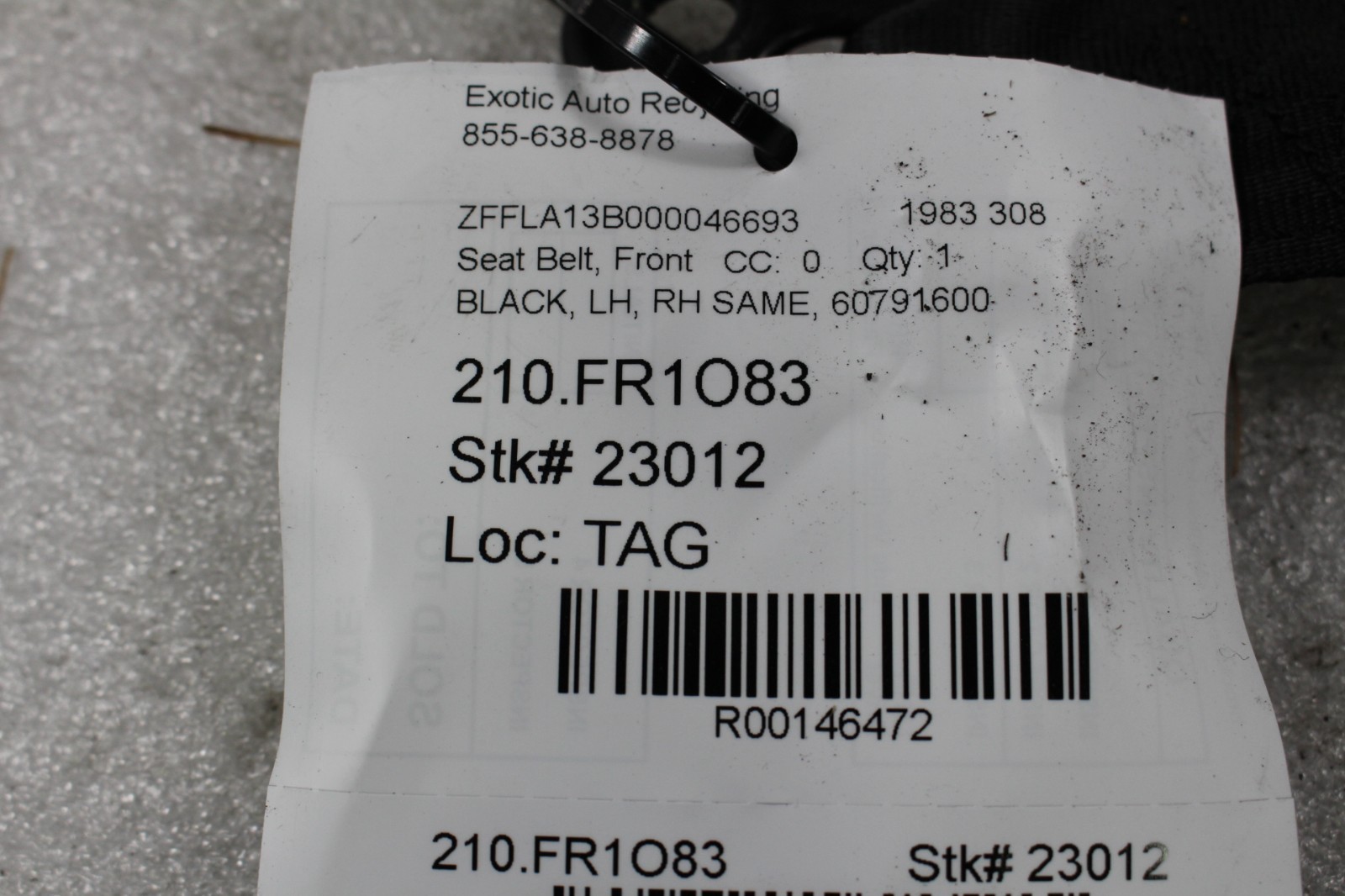 Ferrari 308, LH / RH, Front Seat Belt, Used, P/N 60791600