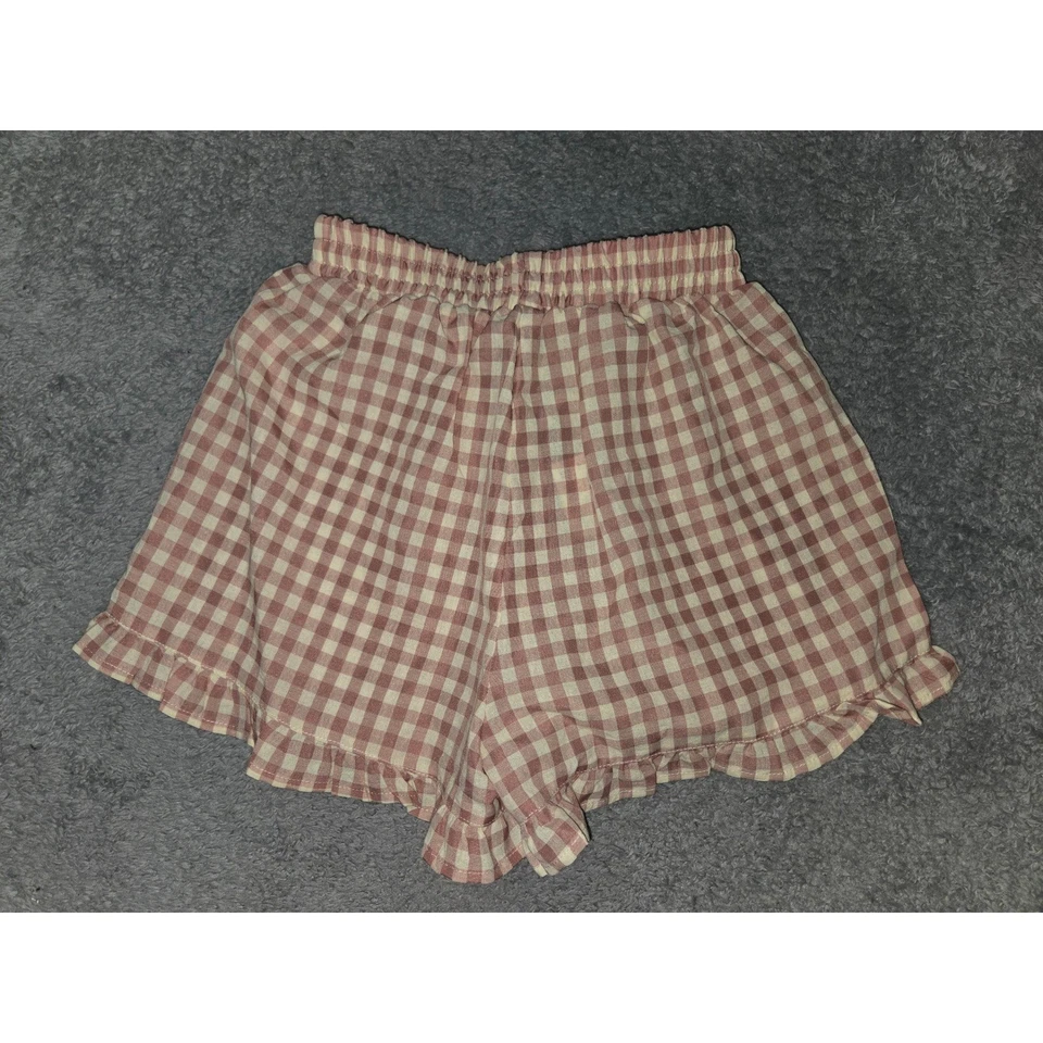 Boohoo Gingham Ruffle Hem Floppy Shorts Dusty Red Pink Elastic Waist Casual NWT - Image 2 of 4