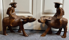 Set of 2 Large Hand Carved Wooden Man Riding Water Buffalo Folk Art Statues