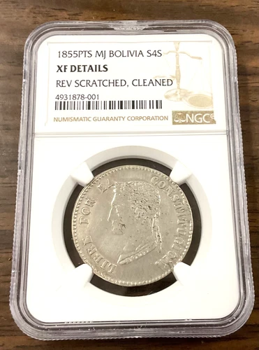 1855 PTS MJ BOLIVIA 4 Soles   NGC XF DETAILS - Rev. Scratched, Cleaned.