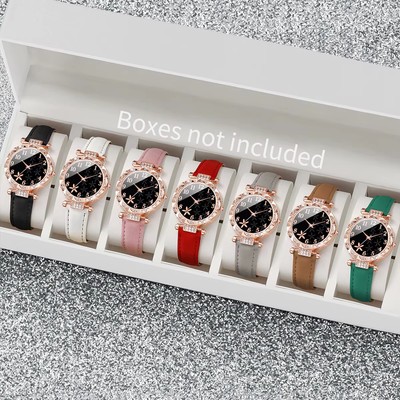 7-teiliges/Set modische Strass Damenuhr Lederband weibliche Quarzuhren    