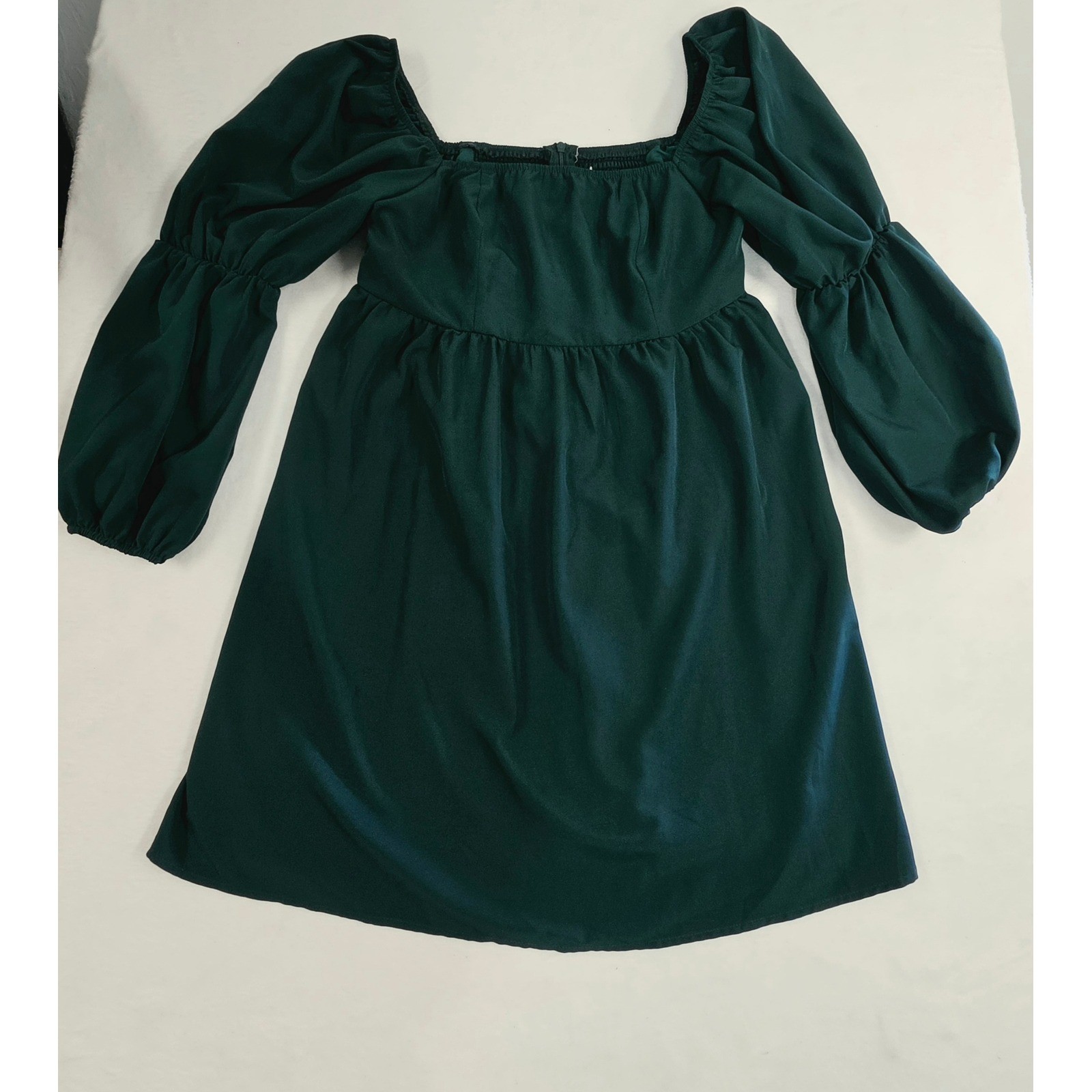 Exlura Dark Green Puff Sleeve Square Neck Mini Dress Smocked Back Babydoll L