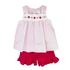 Petit Ami Red Dot Suntop & Shorts Set with Strawberry Smocking  12 18 24 Months
