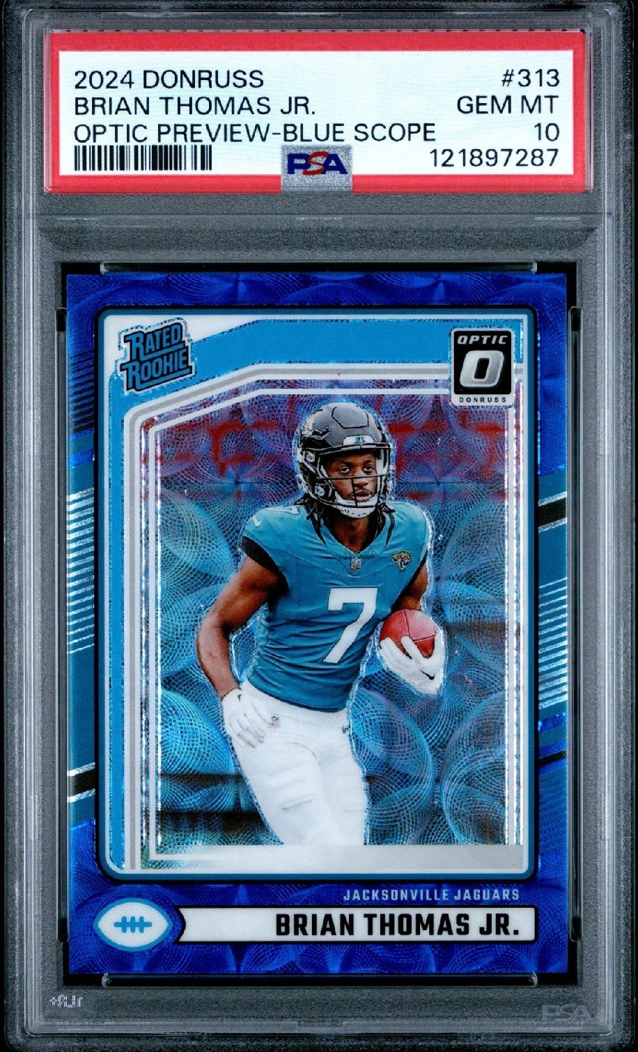 Brian Thomas Jr. 2024 Donruss Rated Rookie Optic Preview Blue Scope #313 PSA 10