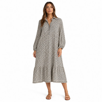 Max Studio Dress Womens Large White Geometric Collared Long Sleeve Midi Swing