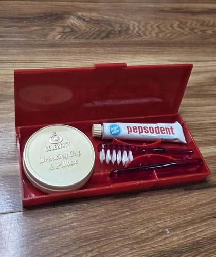 Vintage Celebrity Tooth Brush Kit Travel Set Pepsodent Cup Pillbox Red Case