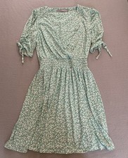 OASIS DRESS SZ XS 8 FLORAL SPRING GREEN TIE SLEEVE V NECK WOMENS SEE DETAIL
