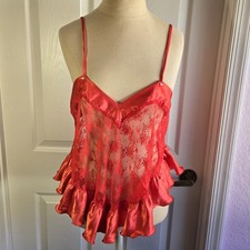 Vintage Delicates Red Lace Satin Ruffle Camisole Size M Lingerie Babydoll Top