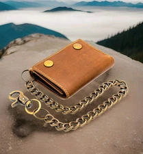 RFID Leather Wallet for Men Rustic Brown Biker Snap Closed Trifold Chain Wallet