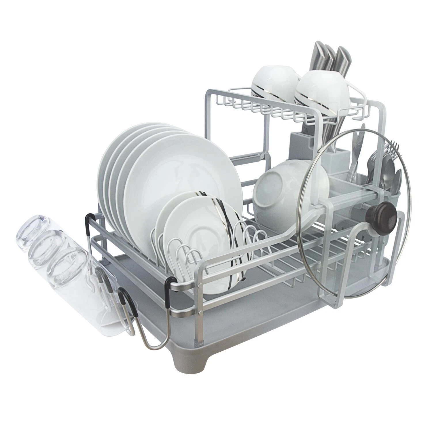 Evelyne Aluminum Kitchen Dish Drying Rack with Utensil Holder - 2 Tier Silver