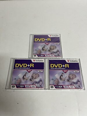 Verbatim DVD+R 120 min 4.7GB 16X Lot of 3 Recordable Blank Media Discs BRAND NEW