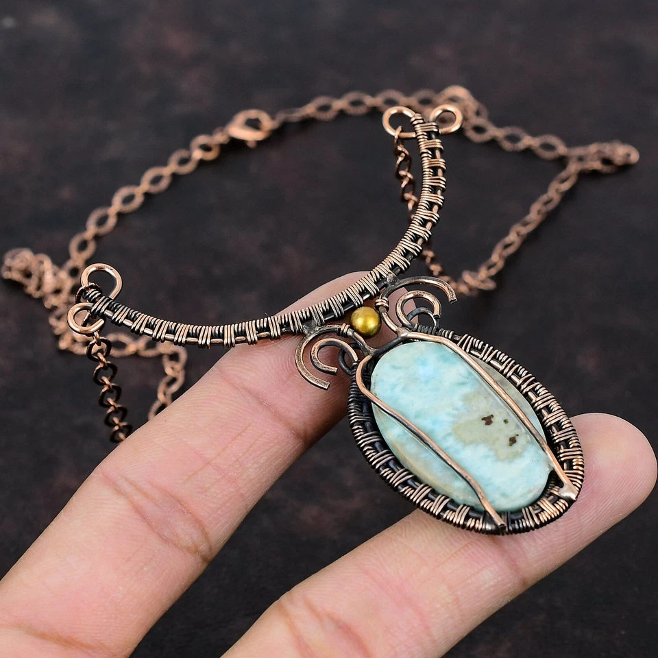 Regalo Para Ella Collar Envuelto Alambre Larimar Ajustable Cobre Joyería 18.0" Foto 4 de 4