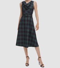 Vince Camuto Women's Green Blue Plaid Cowl-Neck Fit & Flare Dress Size 4