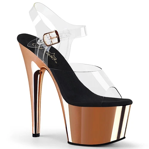 UK 7 Pleaser Adore 708 Clear / Rose Gold 7" Heel Platform Pole Dancing Sandals