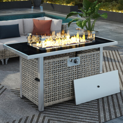 43'' Propane Gas Fire Pit Table, 60000 BTU Rectangular Open Weave Wicker Fire Pit