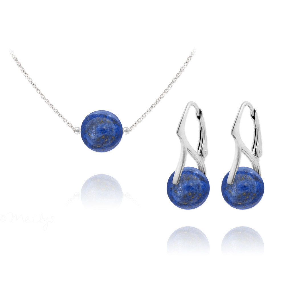 Parure collier argent massif 925 boucles d'oreilles perles cristal lapis-lazuli naturel
