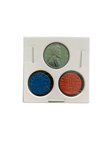 WWII Steel Penny & OPA Ration Tokens Set – Authentic 1943 Coin & Red Blue Tokens - Picture 2 of 4