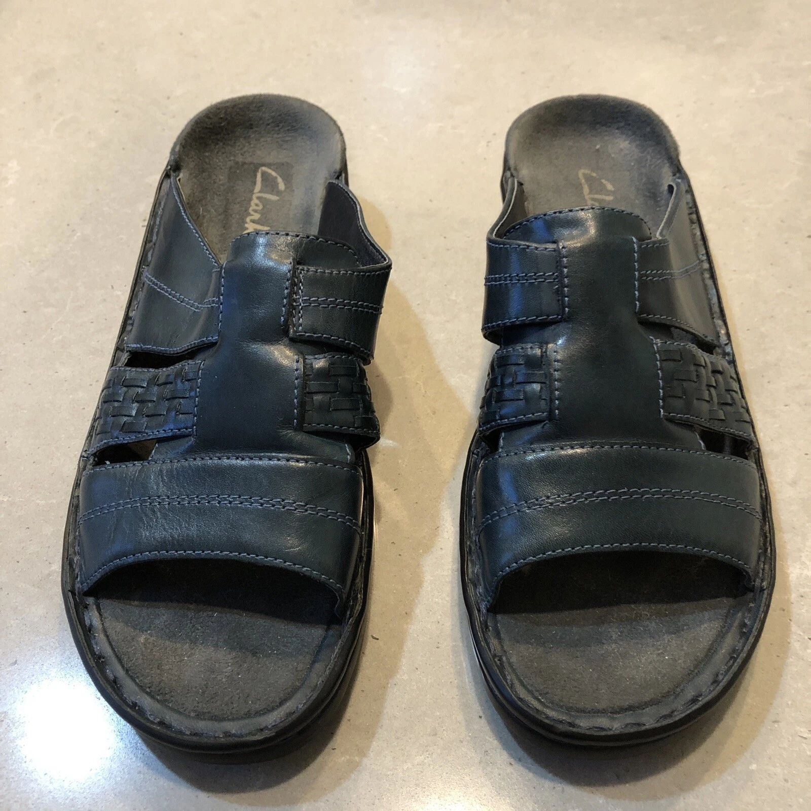 Sandali Clarks grigio blu slide punta aperta scarpa in pelle taglia 8m
