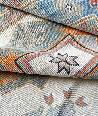 Modern Oushak Hand Knotted 9x12 Ivory Blue 100% Wool Floral Rug for Living Room