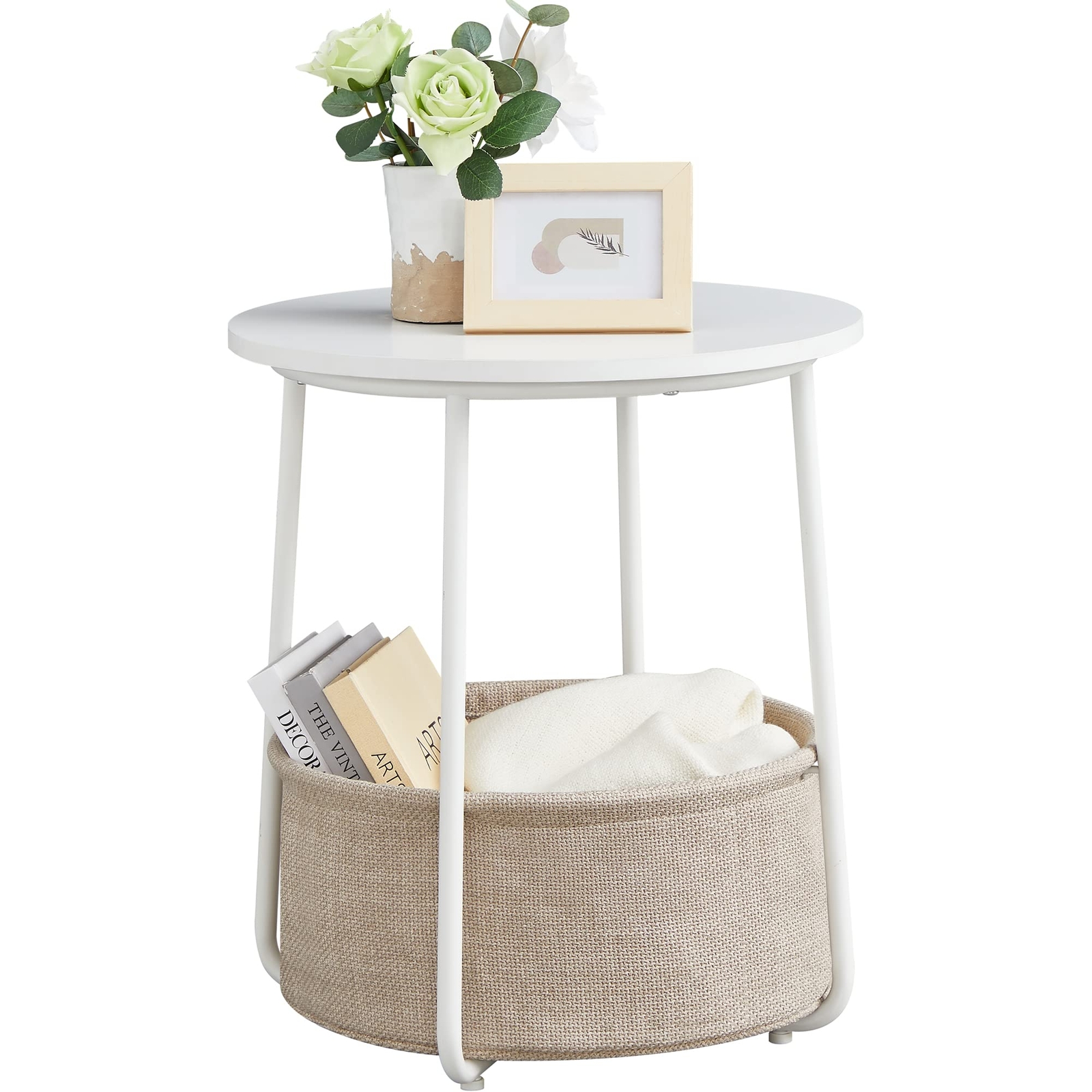 VASAGLE End Table Small Bedside Table with Fabric Basket Modern Nightstand Ro...