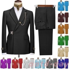 2Piece Mens Suit Slim Fit No Button Tuxedo Belted Jacket Groom Prom Blazer Pants