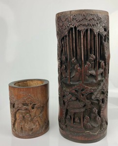 Two Antique Chinese Bamboo High Relief Carved Brush Pot 19th C QING