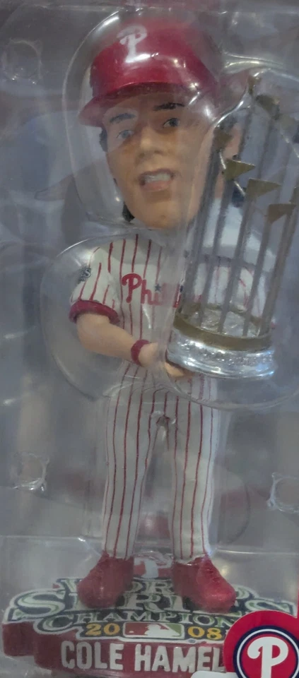 Trofeo de Campeones de la Serie Mundial de los Filis MLB 2008 Cole Hamels Bobblehead como nuevo/como nuevo Foto 2 de 4