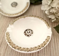 2 Vintage Mid Century White Ceramic Ashtrays Gold Raised Detailing Floral Center