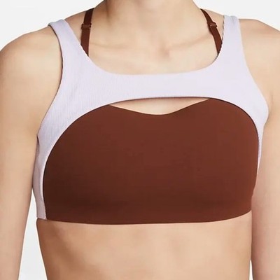 Nike Yoga Indy Light Support Sports Bra Lined Ribbed Lavender Purple and Brown