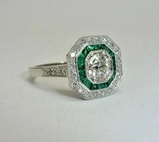 3Ct Round Cut Real Moissanite Art Deco Style Wedding Ring 14K White Gold Plated