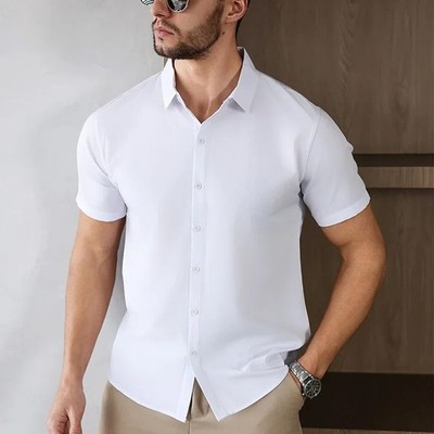 Mens Business Casual Short Sleeve Dress Shirt Solid Color Button Down Summer Top