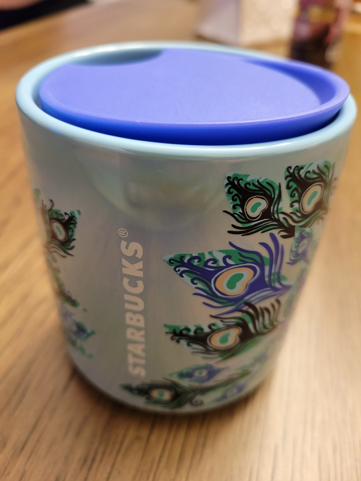 New Starbucks 2024 Christmas Holiday Iridescent Peacock 8oz Ceramic Cup with Lid