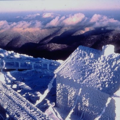 c1970s Mount Washington NH Summit Tip Top House Rime Ice Cog Railway Photo Slide